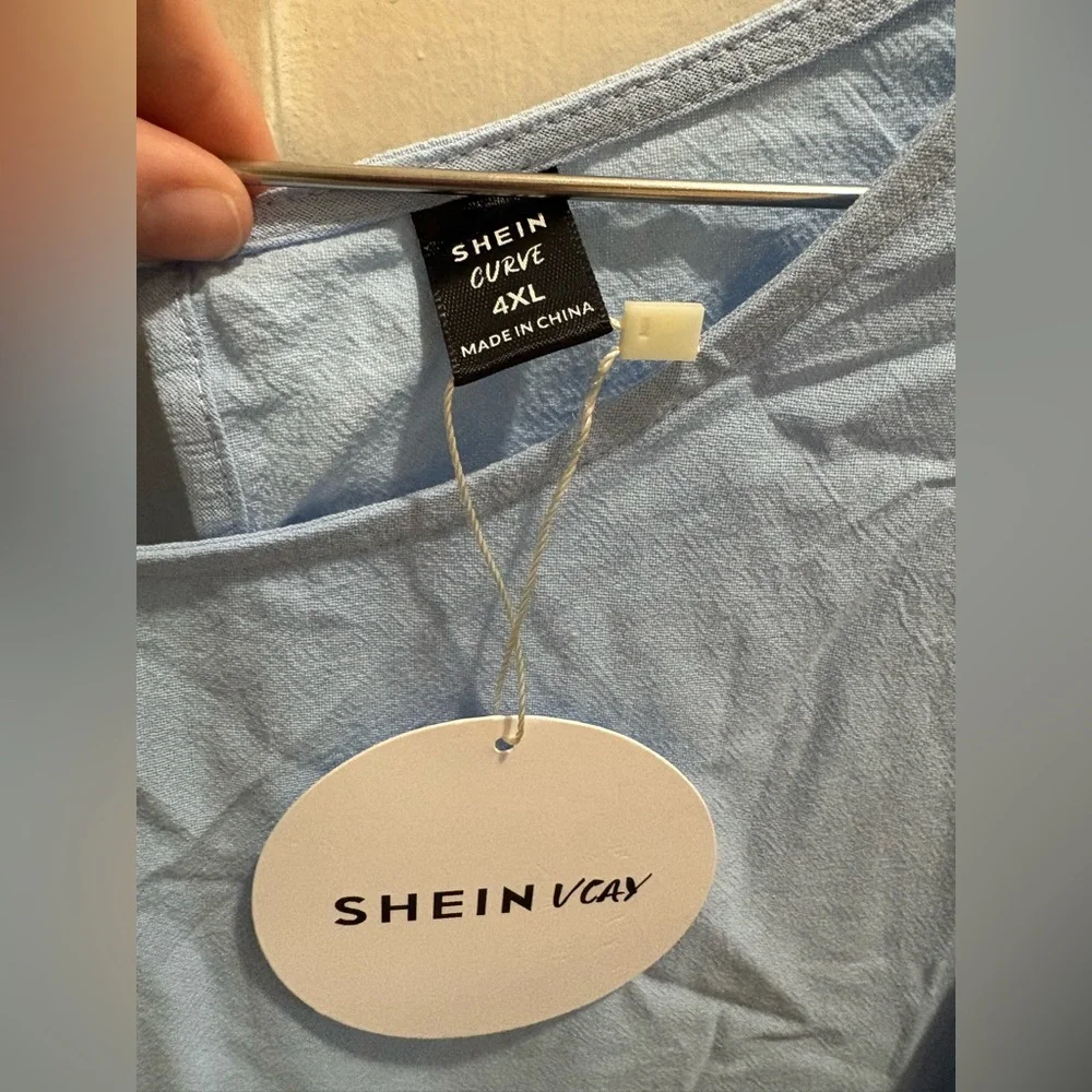 NWT SHEIN Curve 4XL Light Blue Tiered Puff-Sleeve Cotton Dress - Picture 4 of 9